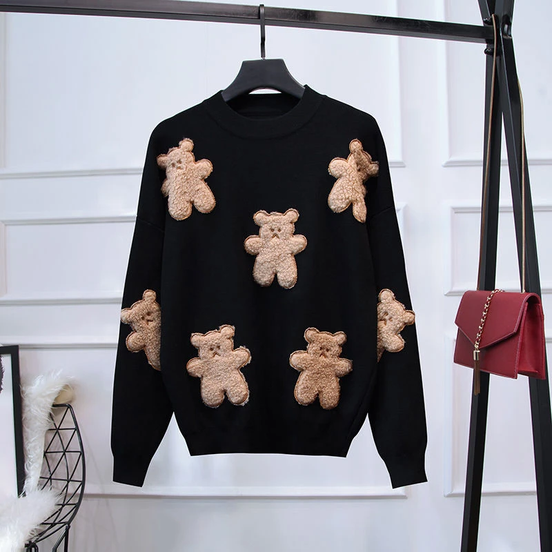 2021 Spring Autumn Women Fashion Long Sleeve Bear Patch Knitting Sweater Suit + Little Feet Casual Pants Female Two Piece Sets