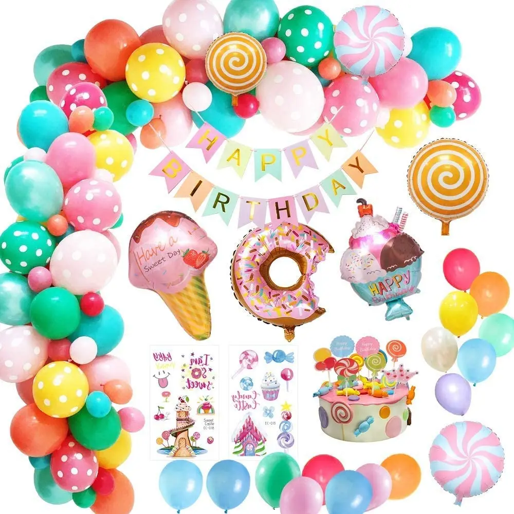 Balloons Arch Kit Ice Cream Candy Birthday Party Decorations for Girl Kids Candyland Lollipop Party Supply Happy Birthday Banner