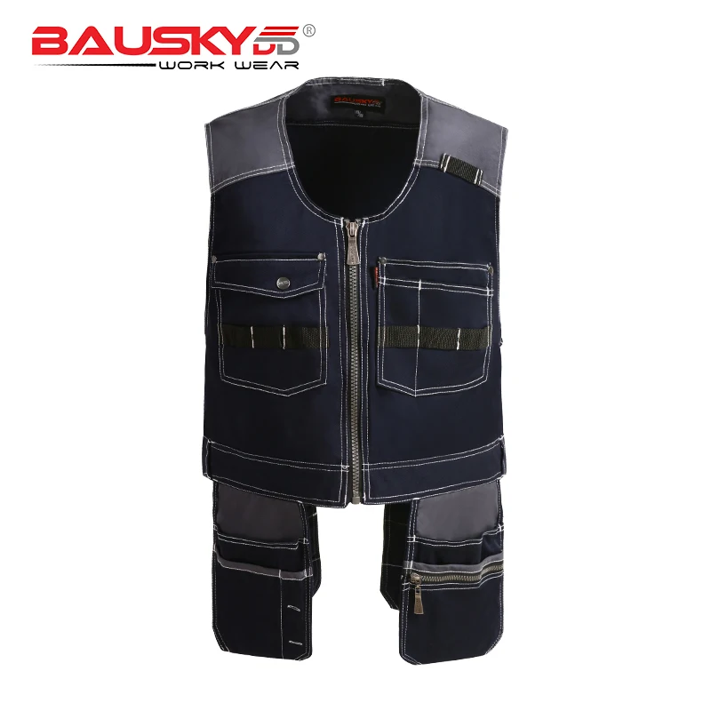 Bauskydd High Quality Men Male Female Outdoor Workwear Mens Work Vests Multifunction Tool Multi Pockets Vests Blue/Grey