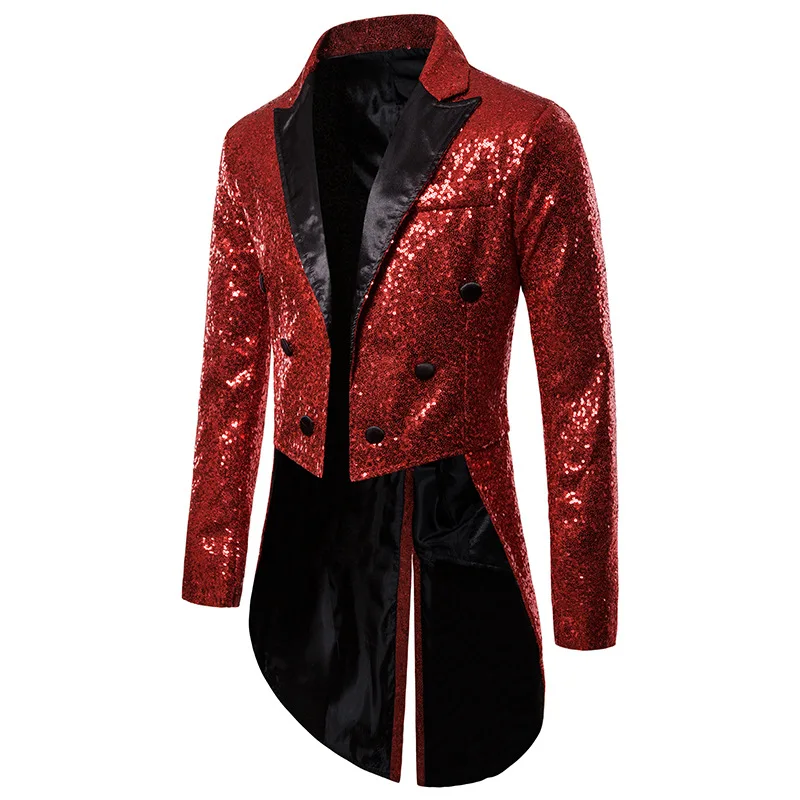 

Mens Tuxedo Tailcoat Red Sequins Slim Fit Suit Dinner Jacket Swallow-Tailed Coat Men Party Wedding Stage Magic Show Costumes XXL