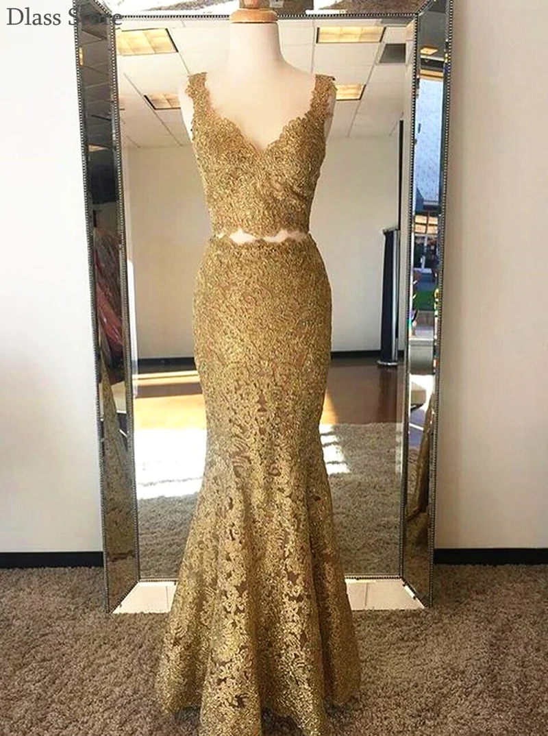 Vestido rendado dourado de baile, cauda de sereia, comprimento do chão, duas peças, elegante, decote em v, para noite, robe de festa de casamento