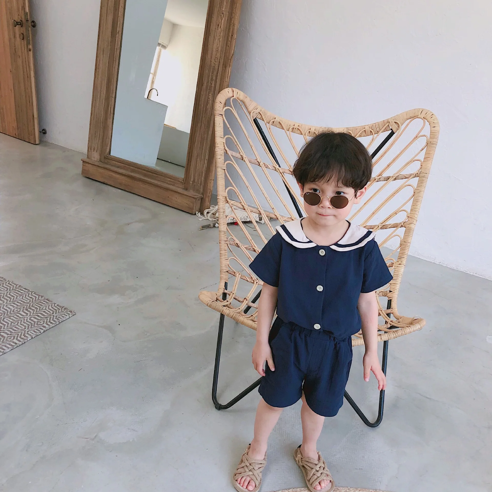 2020 Summer Korean Style Kids Sailor Collar Cotton Linen Clothes Sets Cute Boys Girls Short Sleeve T Shirt + Shorts 2Pcs Suits