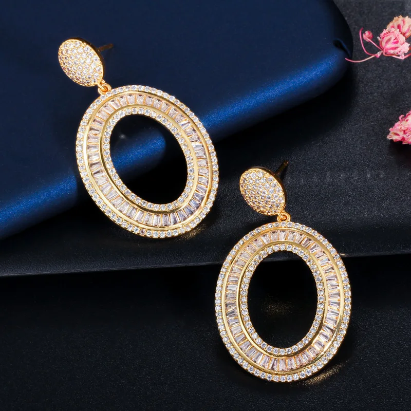 CWWZircons Full Cubic Zirconia Paved Glitter Yellow Gold Color Round Dangle Drop Earrings for Women Bridal Wedding Jewelry CZ598