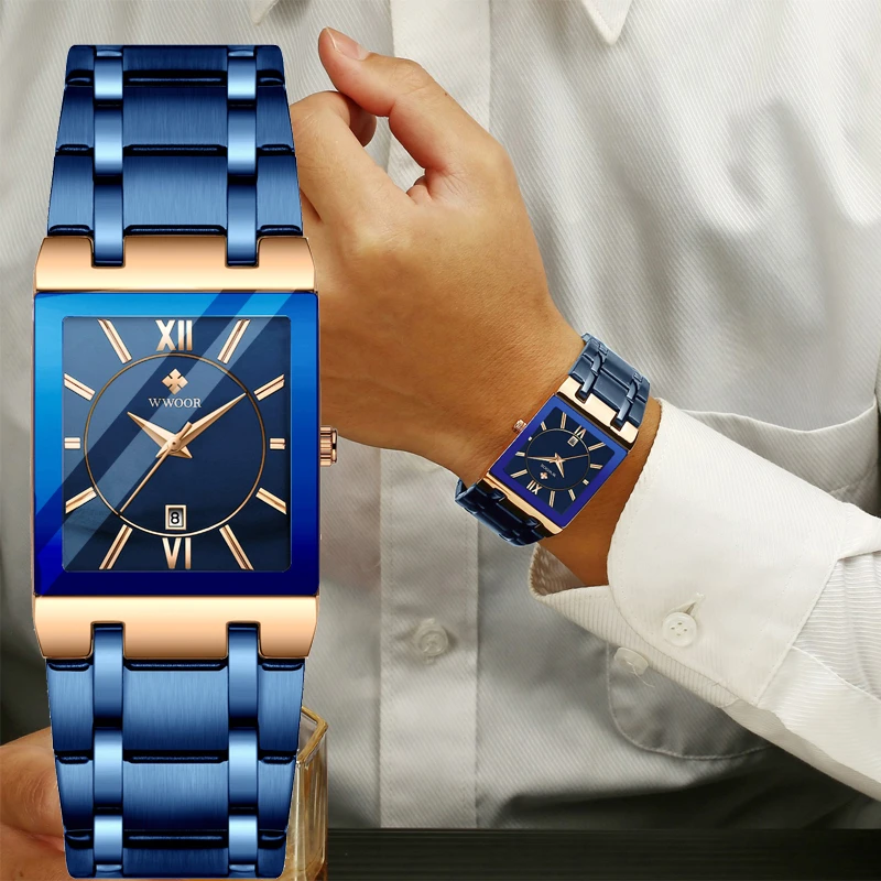 Fashion Watches Men Wwoor Luxury Square Blue Men's Wristwatch Stainless Steel Waterproof Quartz Clock Male Relogio Masculino