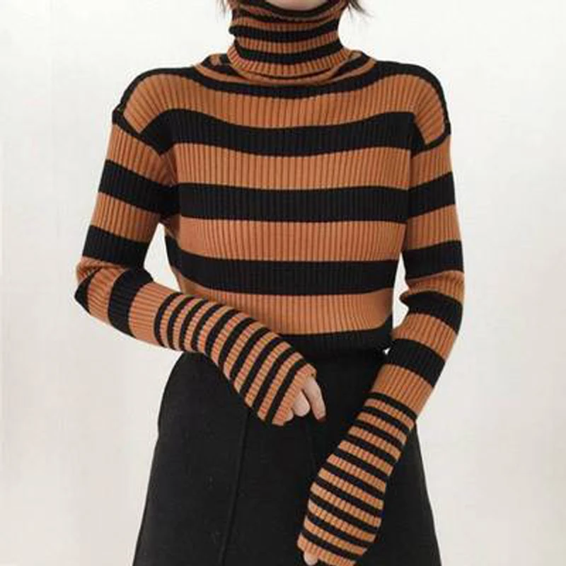 Turtleneck Women Striped Sweater 2021 Autumn Winter Korean Fashion Slim Pullover Basic Top Casual Soft Knit Sweaters Long Sleeve