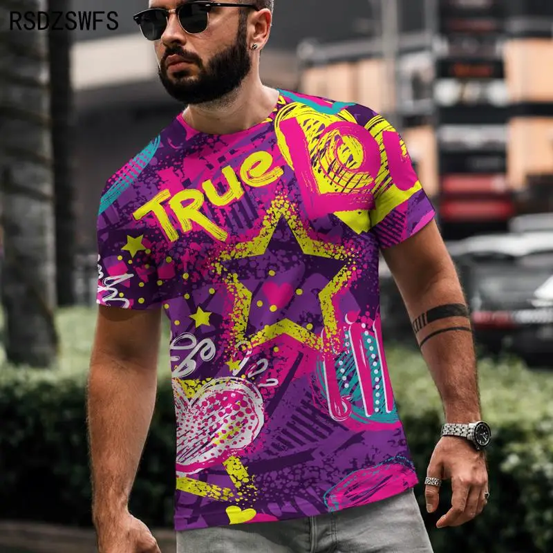 Male Tee tshirt Best design Street trend Graffiti 3D printing letter cartoon geometric stripe elements Leisure Men's T-shirt image 6