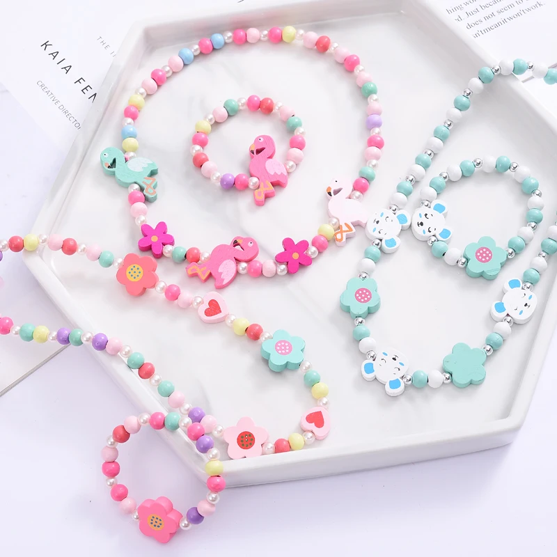 Cute Cartoon Wooden Flower Animal Shape Beads Child Sweater Necklace Bracelet Jewelry Accessories For Girl's Birthday Gifts