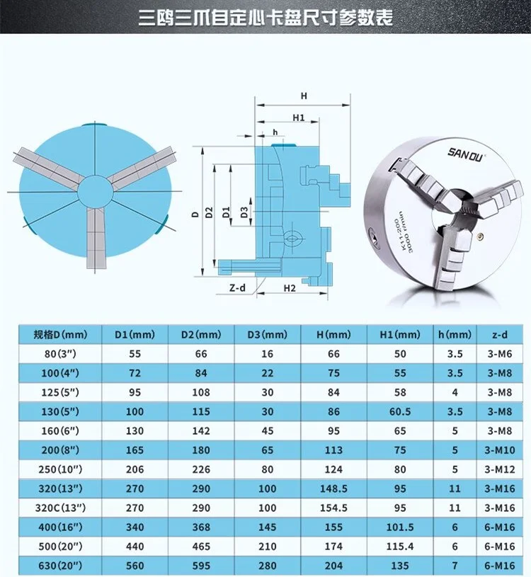 SAN OU K11-125 three-jaw lathe chuck self-centering Large through hole 38mm, used for small desktop lathes in China