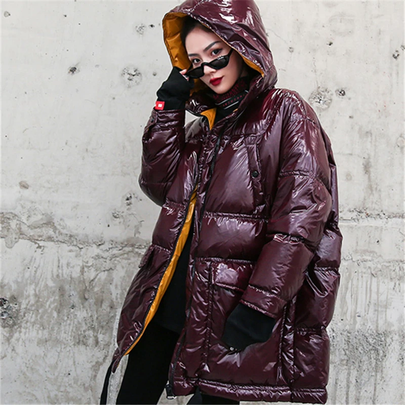 Moda inverno Parka donna lungo con cappuccio sciolto addensare caldo lucido piumino imbottito donna Plus Size giacca con cerniera da donna