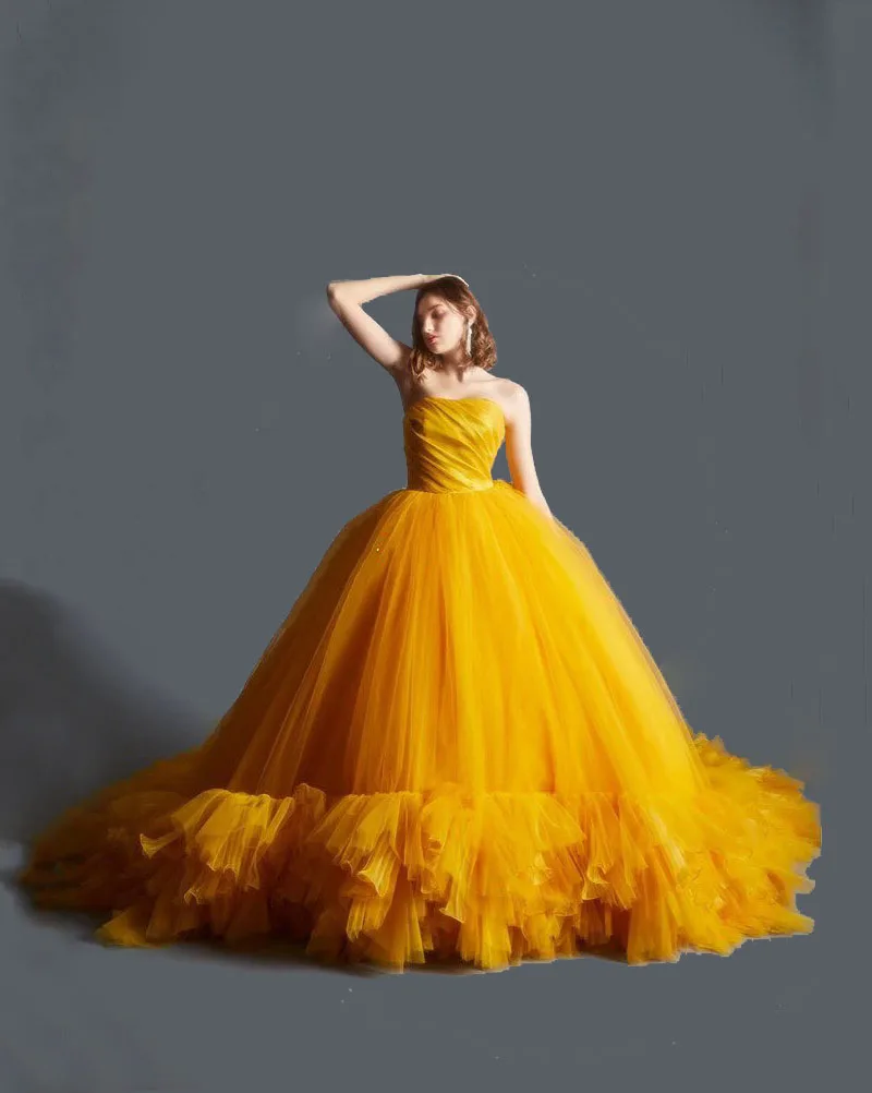 Bright Yellow Wedding Dress Strapless Evening Dresses With Train Lush Peplum Dress Tulle Ball Gown Bridal Dress For Women