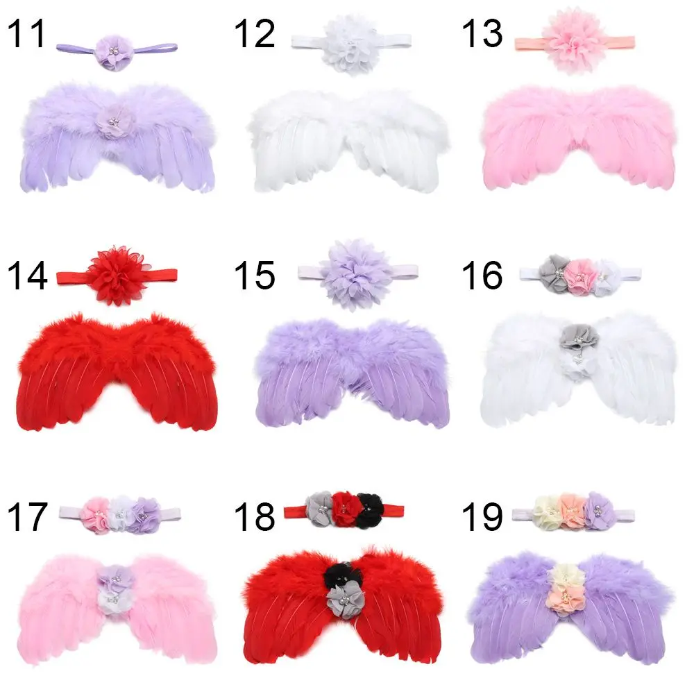 2pcs/set Cute Newborn Angel Feather Wings with Baby Girl Rose Flower Headband Hair Accessories for Infant Photography Props