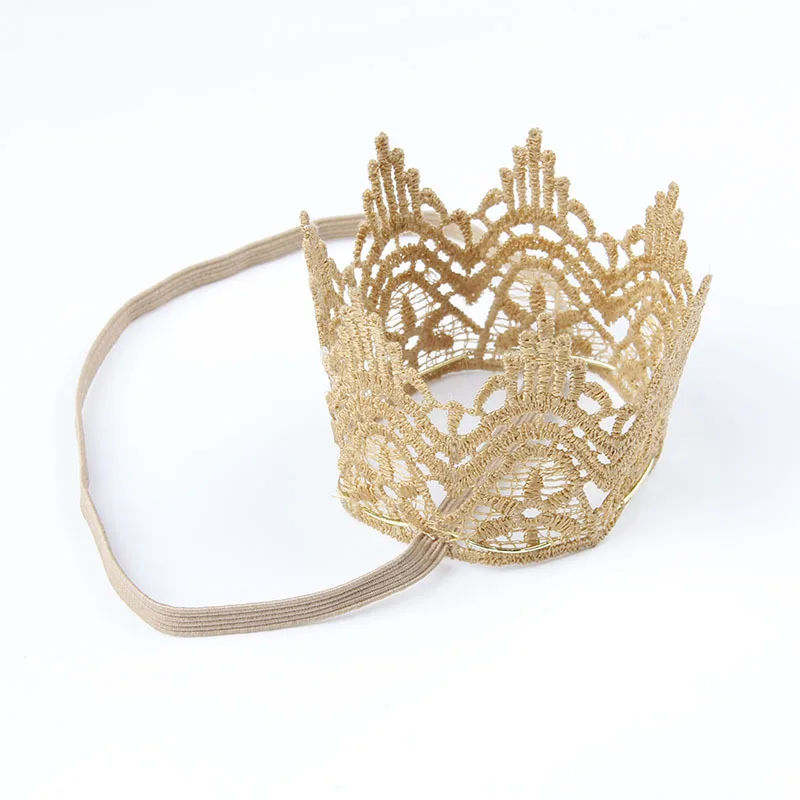 Yundfly Gold Lace 3D Crown Baby Headband Newborn Girls Elastic Tiara Hairband Birthday Gift Photography Props