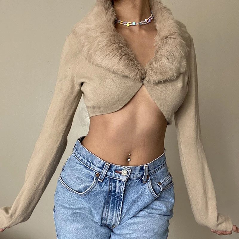 Fur Collar Crop Coats Casual Fur Coat Button Autumn Winter Cardigans Vintage Chic Harajuku Long Sleeve Y2k Tops Khaki Streetwear