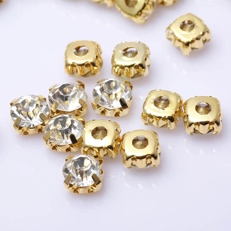 RESEN  Top Quality 3-10mm Crystal Glass Sew On Rhinestones With Gold Claw White Color Gold Base Sewing Stones DIY  Decoration