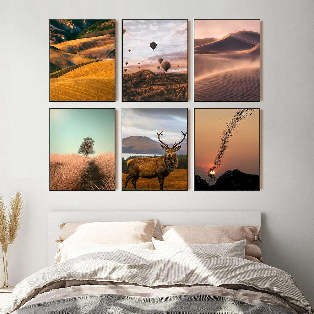 Nordic Poster Wall Red Deer Sunset Sunshine Road Desert Animal Art Print Canvas Painting Decoration Picture Living Room Home