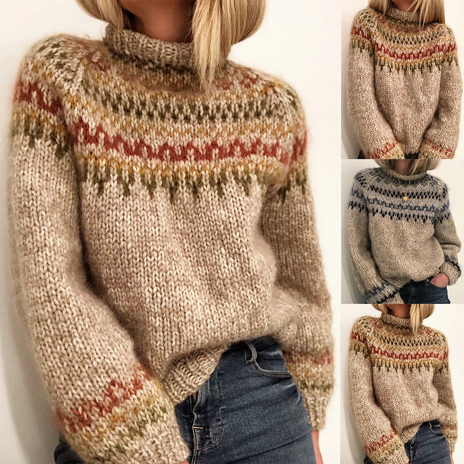 

2021 Women Knitted Sweaters Autumn Winter Loose O Neck Long Sleeve Jumper Jacquard Stripe Tops Female Knitwear Pullover Vintage