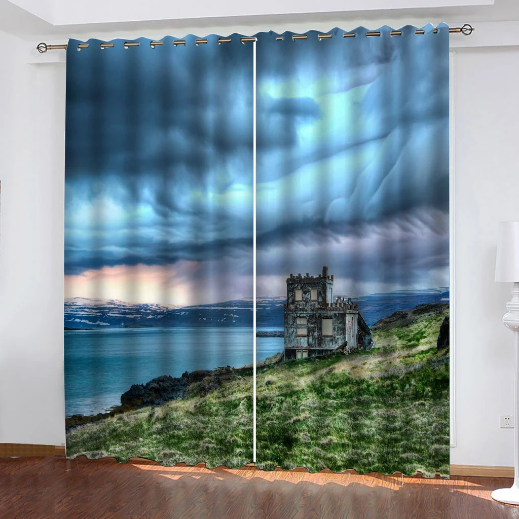 

Curtains Green grass hut lake snow mountain 3D Curtains For Living room Blackout custom curtains