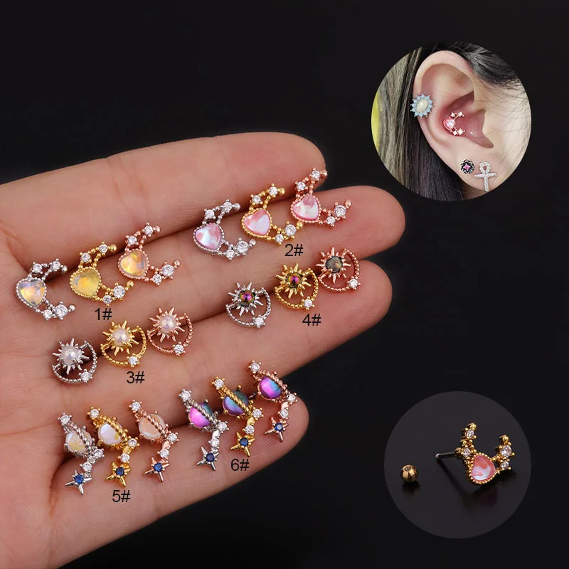 New 1 Piece Surgical Steel Multicolor Cz Crown Long Bar Ear Helix Piercing Tragus Stud Conch Earring Piercing Sexy Jewelry