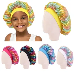 Chapeau ajustable en Satin pour enfants, nouveau, soyeux, Bonnet de nuit, couleur Laser, pour enfants de 2 à 8 ans, cheveux bouclés