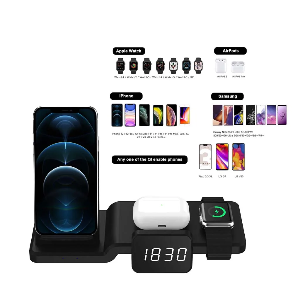 Wireless Charging Bracket with Clock for iPhone Samsung Android Phone Stand for Apple Watch Charge Dock for AirPods Pro Holder