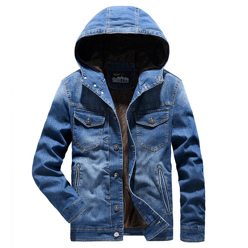 Autumn Jacket Men Military Jeans Jacket Hooded Single Breasted Denim Coat Windbreaker Men Cotton Jacket Chaquetas Hombre M-4XL