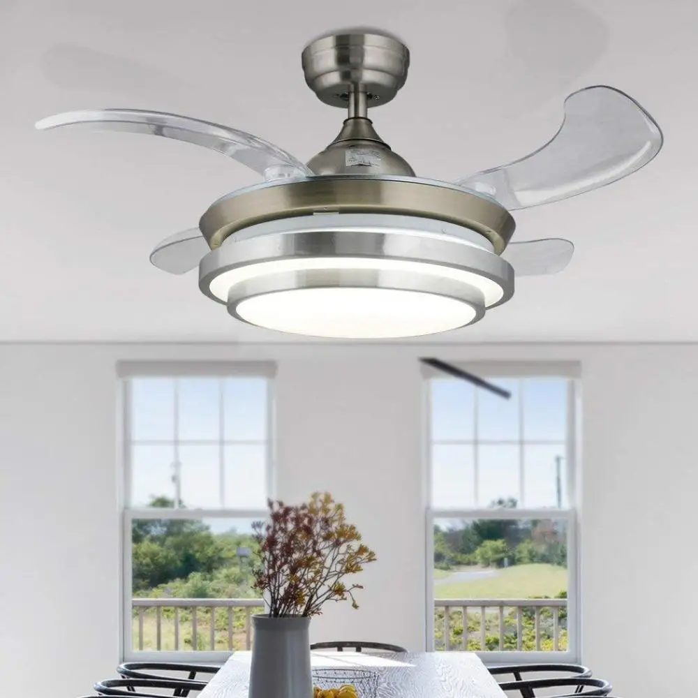 Modern Ceiling Light with Fans LED Chandelier Remote Control Retractable Blades 3 Speeds 3Color Changes Lighting Fixture