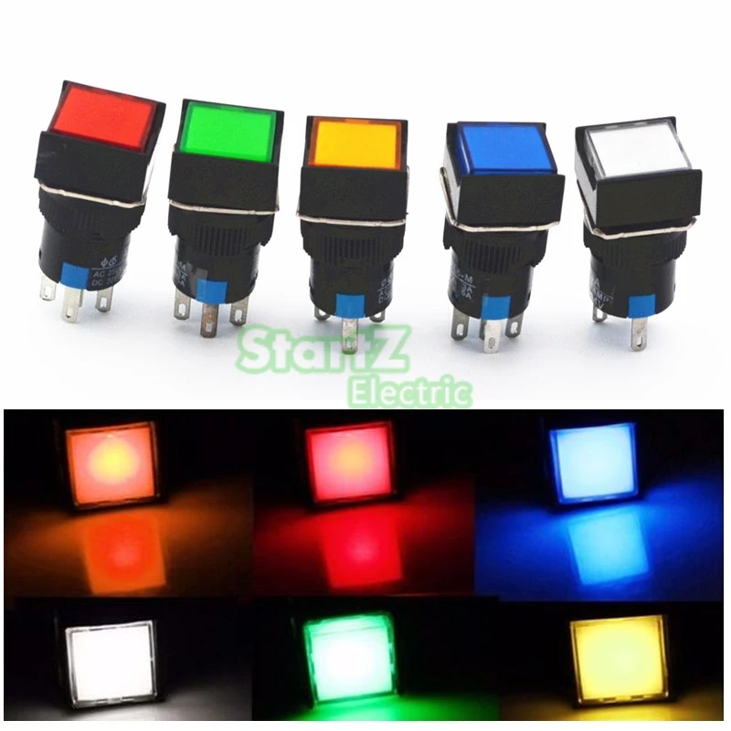 DC12V 16mm 5Pin Push Button Self-Reset Switch Square LED Light Momentary Switch DC24V AC110V AC220V