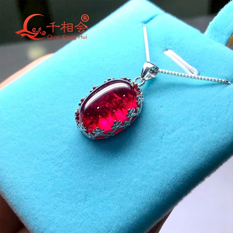 925 silver Fashion 23ct 14*19mm oval shape with inclusions Artificial  red ruby main stone  Jewelry for   Pendant Necklace