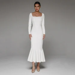 Civil Ankle Length Mermaid Wedding Dress For Bride Long Sleeve Simple White Bridal Gown Square Neck Plus Size Custom Vestidos