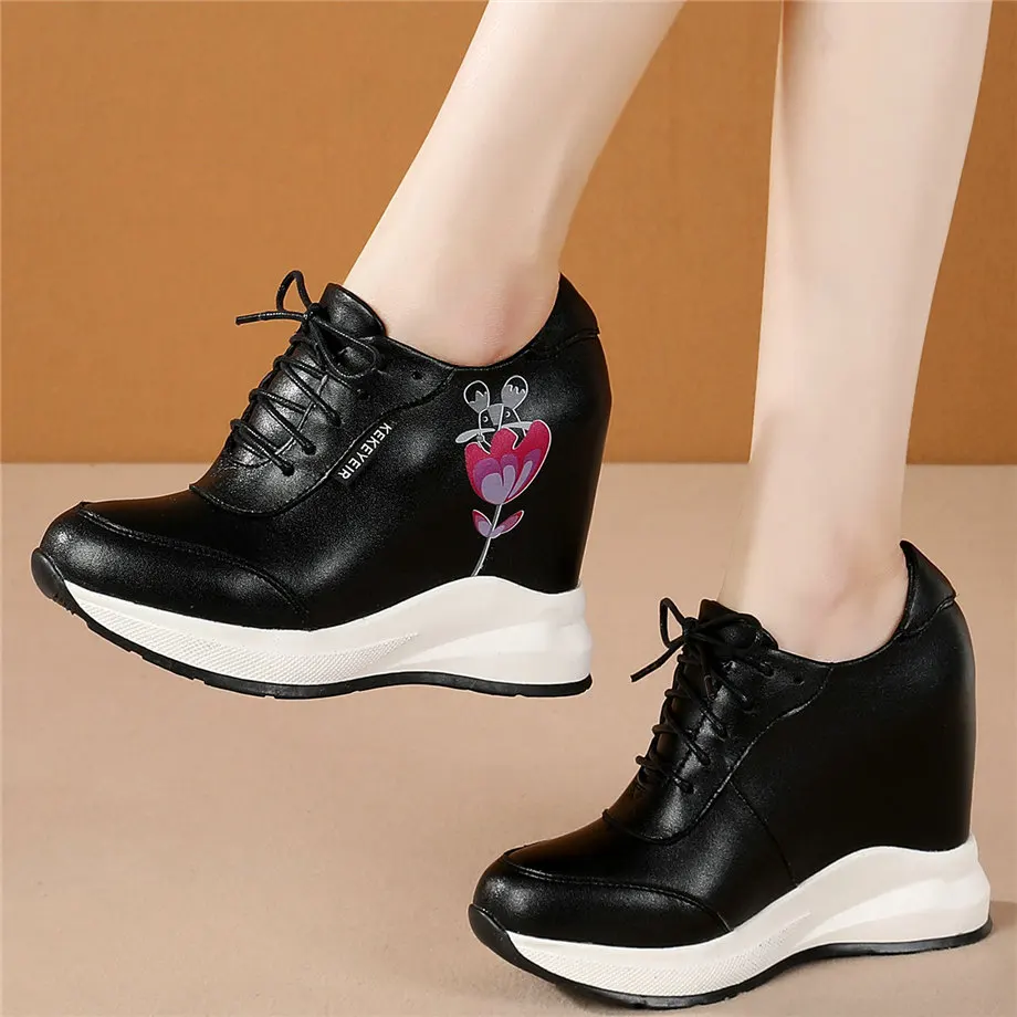 

Casual Shoes Women Genuine Leather High Heel Ankle Boots Female Round Toe Fashion Sneakers Platform Wedges Oxfords Flowers Shoes