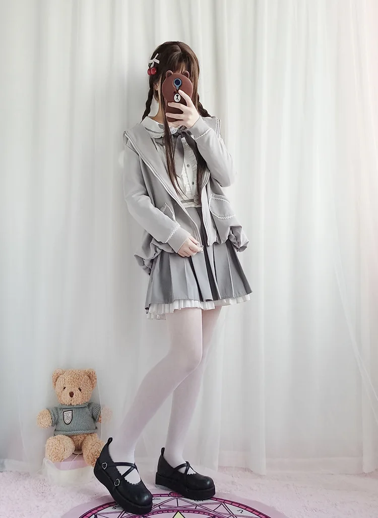 2021 Cute Lolita Spring And Autumn Fairy Female Bear Pure Cotton Dress + Shirt Role-Play Two-Piece  Cosplay Kawayi