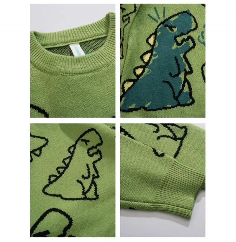 Sweater and Vest Men Harajuku Knitted Hip Hop Streetwear Dinosaur Cartoon Pullover O-Neck Oversize Casual Couple Male Sweaters