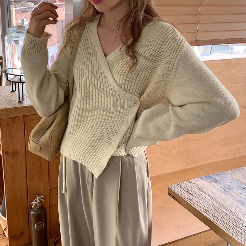 Korean V-neck Irregular Thick Warm Sweater Women Autumn Knitted Cardigan Women Sweater Tie Wrap Button Slim Top Pull Femme 17918