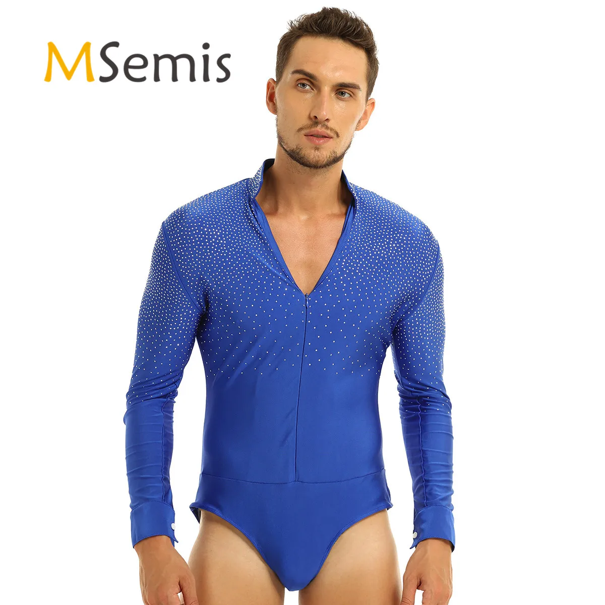 Mens Shiny Dance Bodysuit Rhinestones V-neck Stand Collar Ballroom Latin Tango Rumba Dance Shirt Leotard Bodysuit Shirt Tops