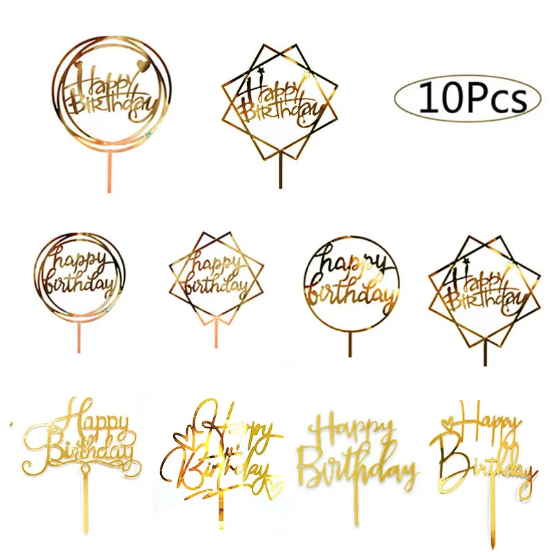 10pcs Happy Birthday Cake Topper Acrylic Gold Cake Toppers Happy Birthday Party Supplies Cake Decorations Promotional Items