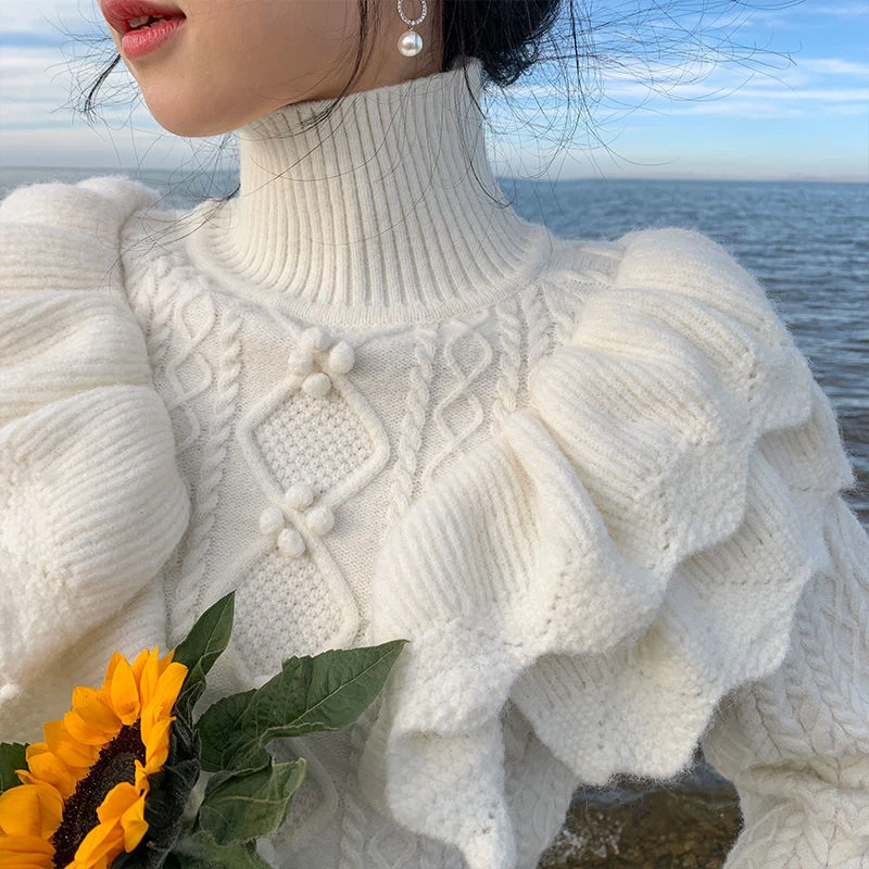 Ruffled Floral White Knitted Sweater Women Fashion Vintage Turtleneck Lantern Sleeve Female Elegant Pullovers Chic Retro Knitwea