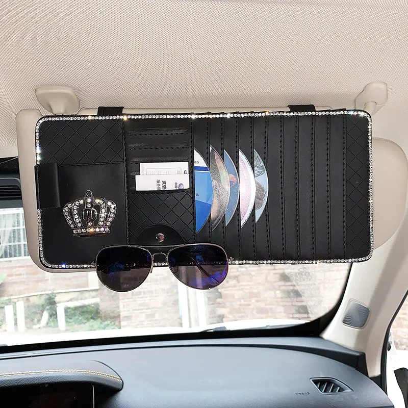 High-end Diamond Crown Car Front Sunshade Card Holder CD bill Storage Glasses Clip PU leather Auto Sun Visor Organizer Pocket