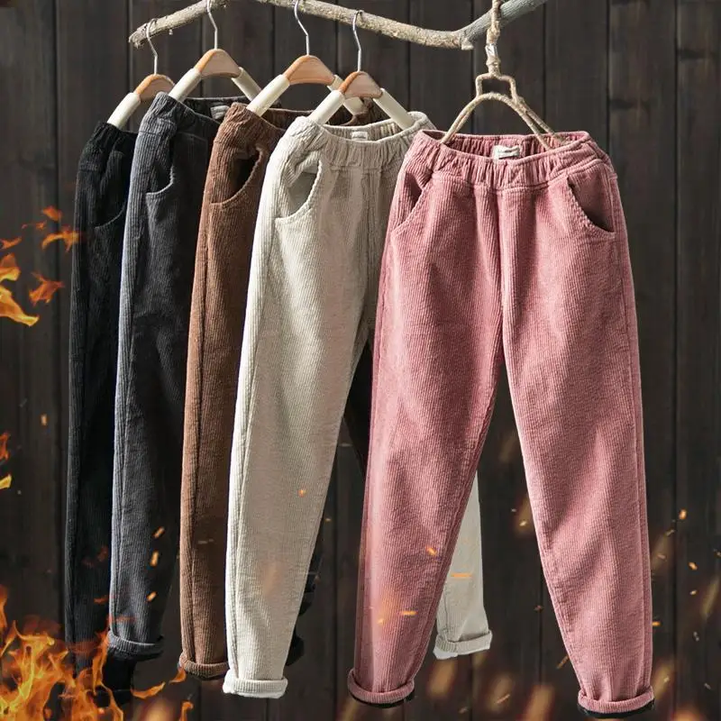 Women Pants Korean Pink Harem Pants Elastic Waist Autumn Winter Corduroy Pants Casual Black Trousers Pants