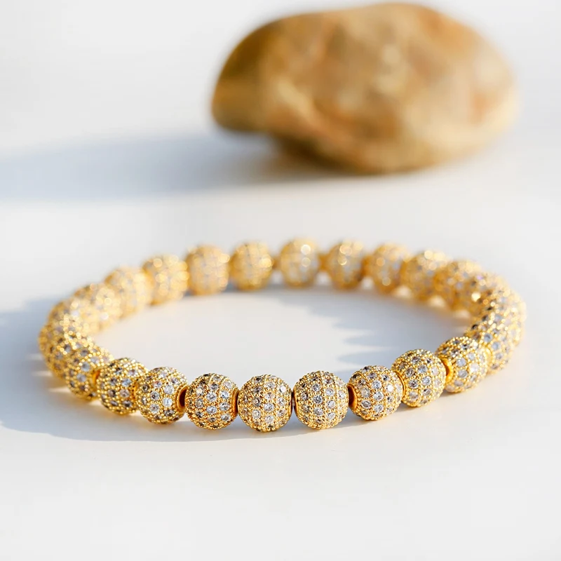 Luxury Gold Color Ball CZ Zircon Pave Weaving Bracelet Homme Men Fashion Beaded Bracelet Dropshipping