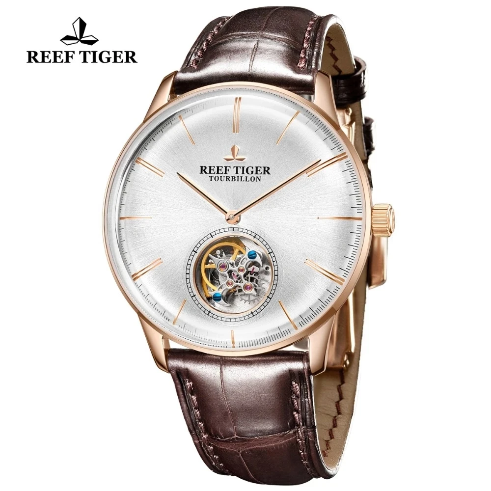 Reef Tiger/RT Top Brand Luxury Men Automatic Menchaincal Watch Flying Tourbillon Sapphire Crystal Rose Gold Watch