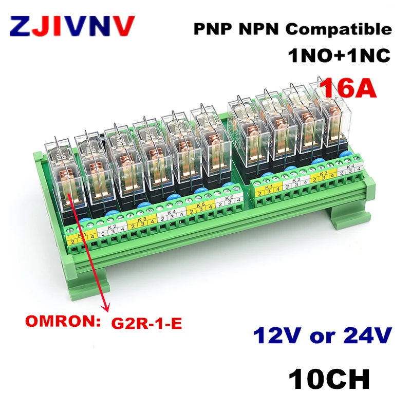 

10 Channels 1NO+ 1NC DIN Rail Mount Interface Relay Module with G2R-1-E 16A INPUT DC 12V 24V PNP NPN compatible