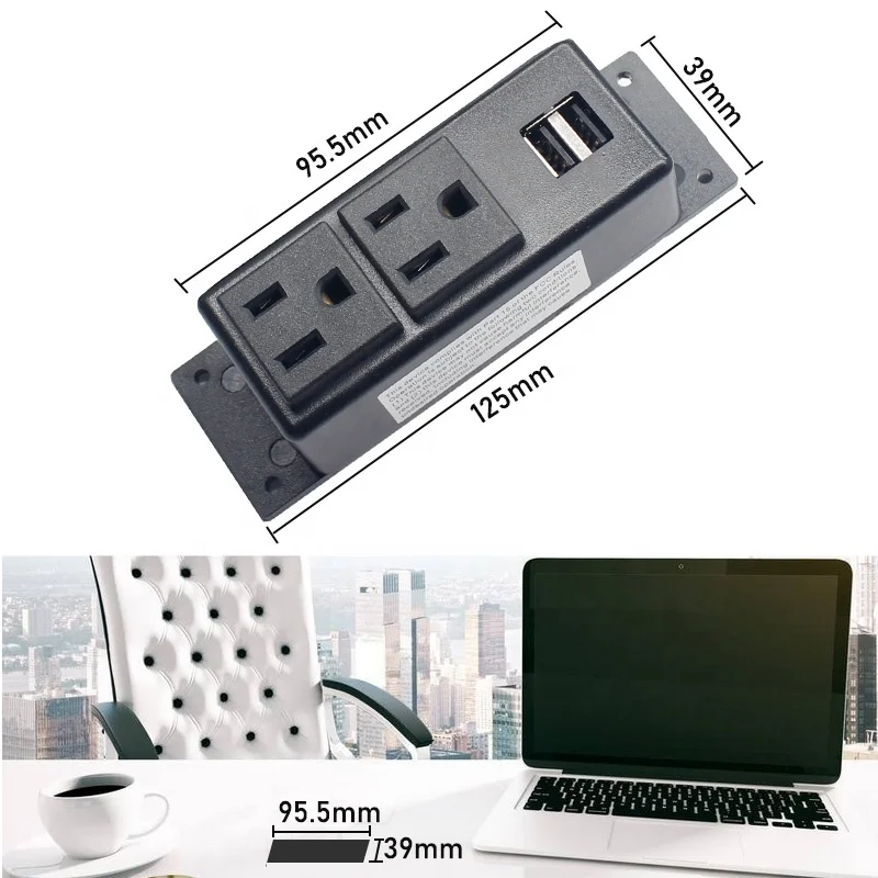 Desk table 2 USB 1A 2 Outlet 110-250VAC 15A Surface Mountable Recessed Furniture Power Strip  Distribution Unit