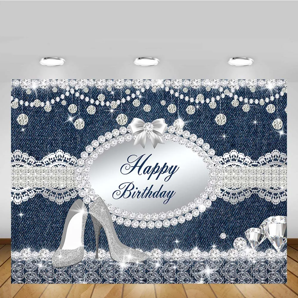 

Mehofond Silver High Heels Birthday Backdrop Glitter Diamond Blue Denim Woman Party Background for Photography Photocall Banner