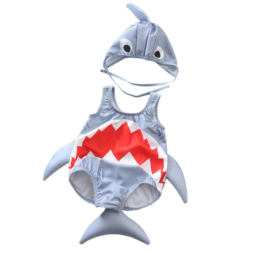 Babys Summer Clothes Swimsuits Toddler Kids Baby Girls Boys Cartoon Shark Swimsuit Bikini Swimwear Romper Hat Bathing Suit