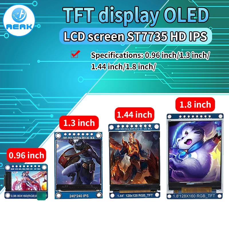 Módulo LCD a cores, Display TFT, 0,96, 1,3, 1,44, 1.8 polegadas, IPS, 7P, SPI, HD, 65K, ST7735, ST7789, movimentação IC, 80x160, 240x240, não OLED
