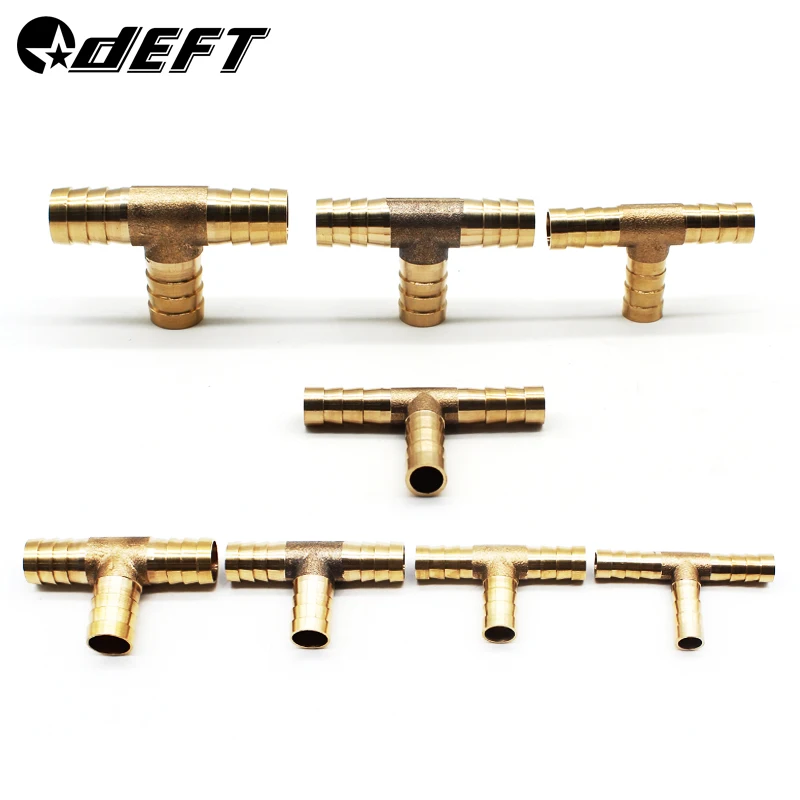 DEFT T-Shape Brass Tee Barb Hose Fittings 6mm 8mm 10mm 12mm 3 Way Hose Tube Barb Copper Barbed Coupling Connector Adapter