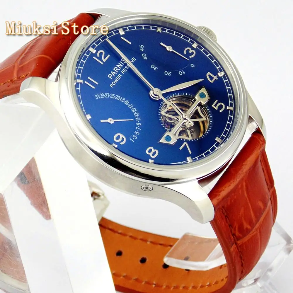 Parnis 43mm blue dial steel case power reserve automatic ST2505 leather mens business mechanical Watch