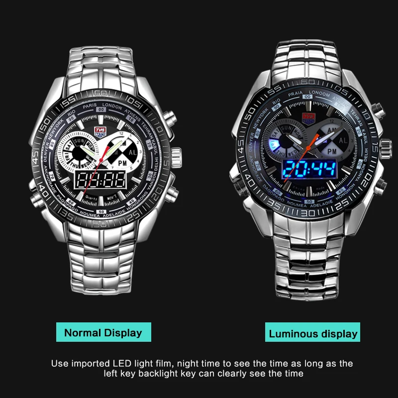 Men Watches Waterproof Quartz Watch Double Display Sport TVG Brand Digital LED Military Writewatch Stainless Steel Male Clock