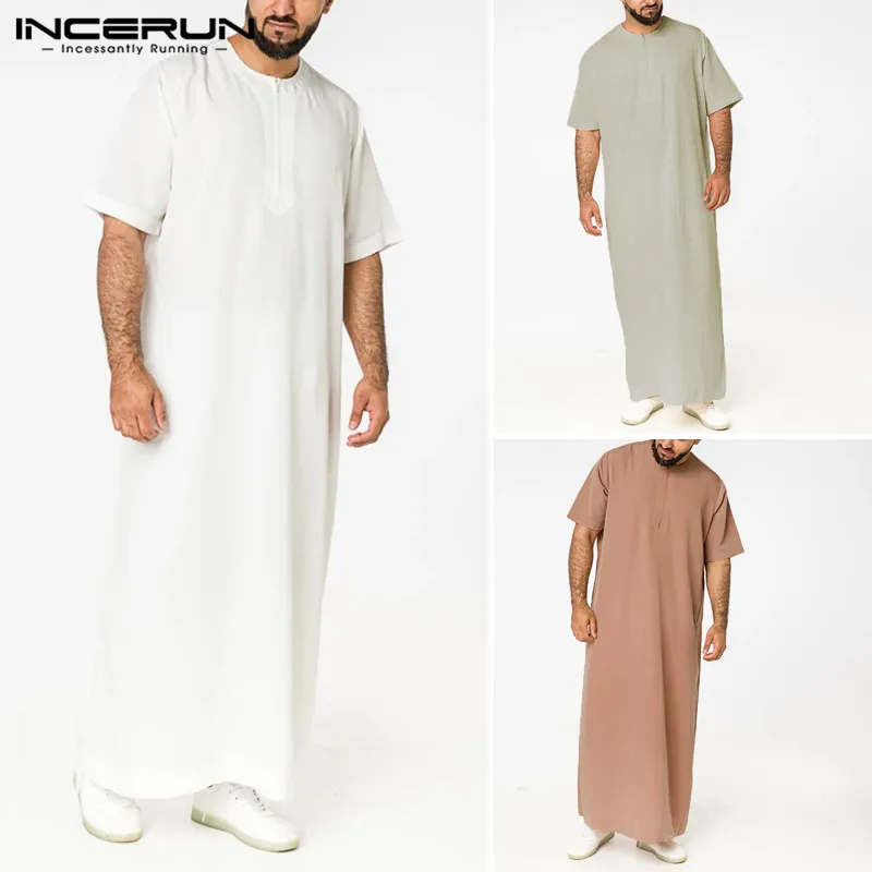 Saudi Stijl Rits Jubba Thobe Incerun Mannen Effen Kleur Gewaden Man Vintage Korte Mouw O Hals Moslim Arabische Islamitische Kleding s-5XL