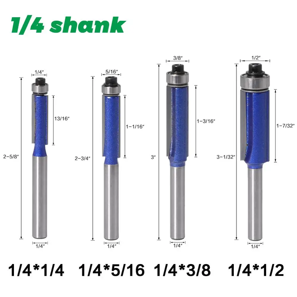 1pc 1/4 Shank 6mm shank Trim Router Bit with Bearing for Wood Template Pattern Bit Tungsten Carbide Milling Cutter for Wood